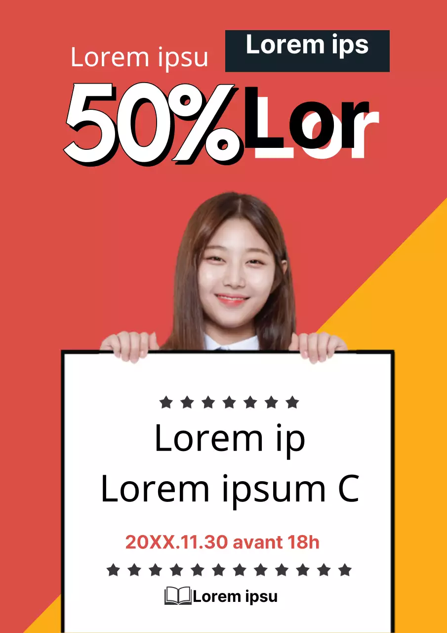 Café de bande dessinée simple, rouge et jaune, pour promouvoir l'événement d'ouverture de la remise.