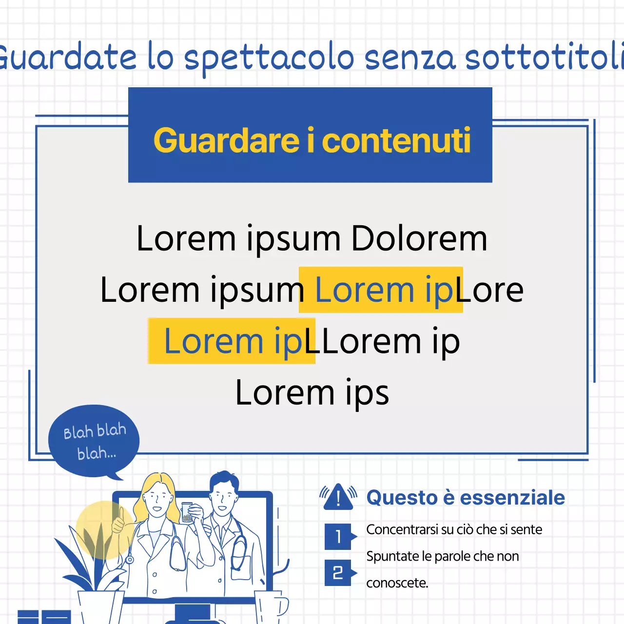 Semplice illustrazione a linee in giallo e blu per promuovere i consigli per l'apprendimento dell'inglese