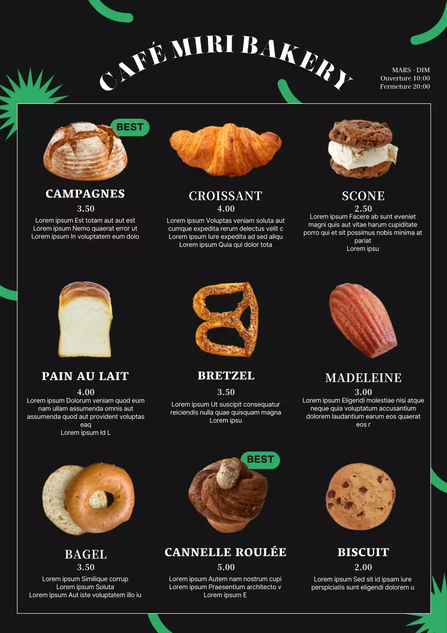 Affiche de menu noir pour une boulangerie-café branchée