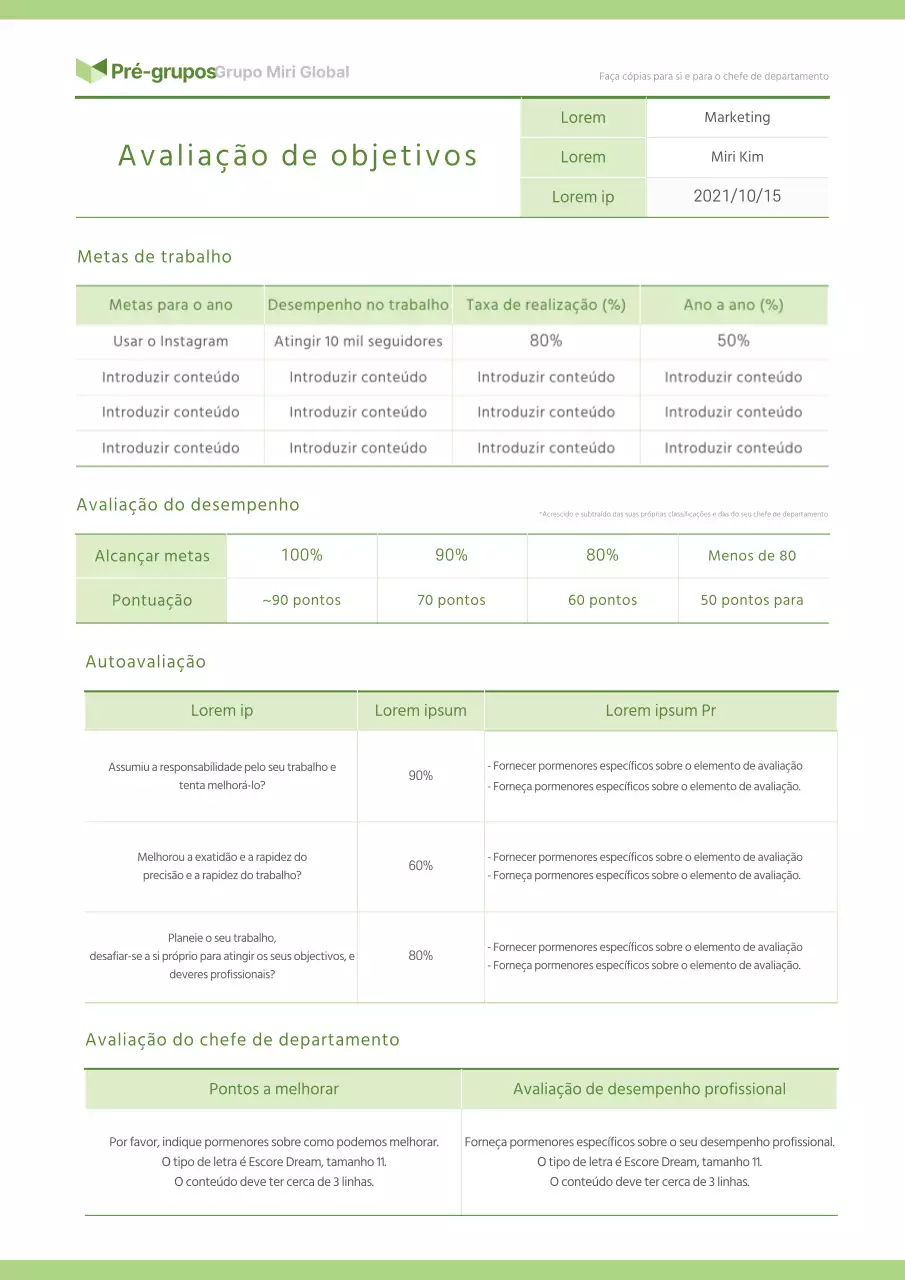 Cartão de pontuação dos objectivos da empresa em chartreuse