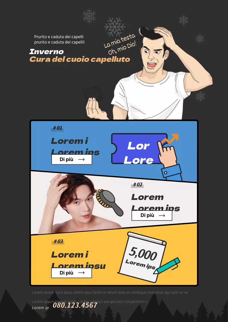 Divertente volantino per la cura del cuoio capelluto con marchio nero, blu e giallo