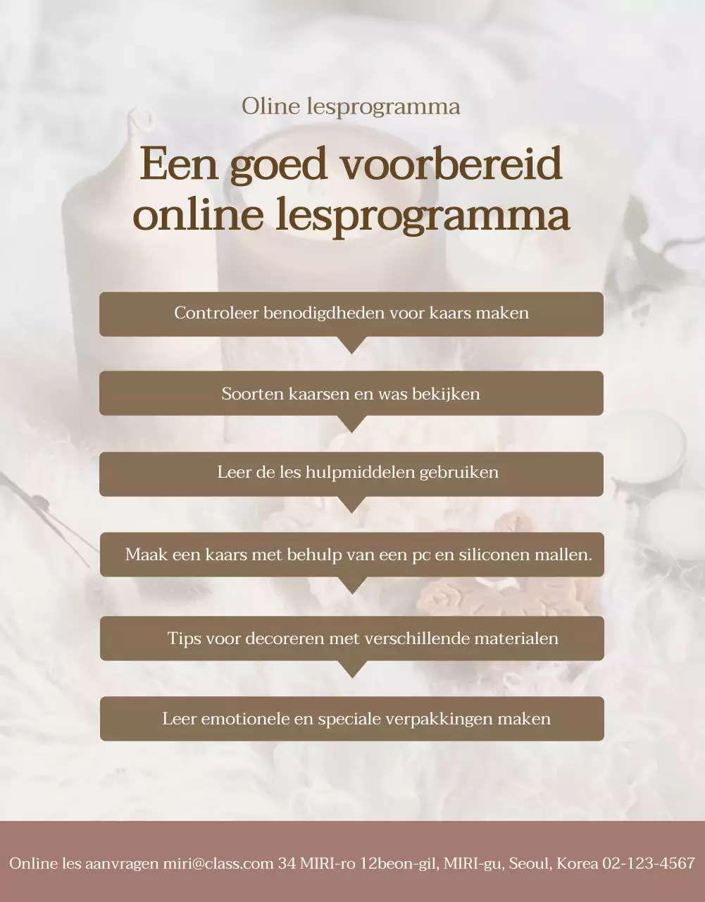 Luxe kaarsen in beige en bruin om een online les te promoten