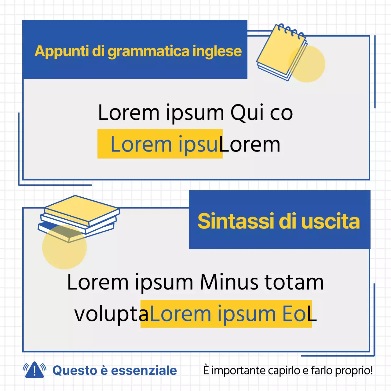 Semplice illustrazione a linee in giallo e blu per promuovere i consigli per l'apprendimento dell'inglese