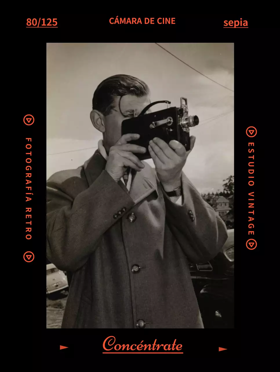 Mercancía con fotos de época en un concepto de película roja y negra