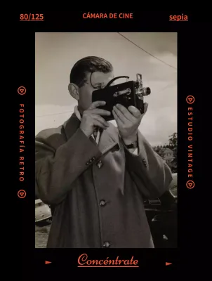 Mercancía con fotos de época en un concepto de película roja y negra