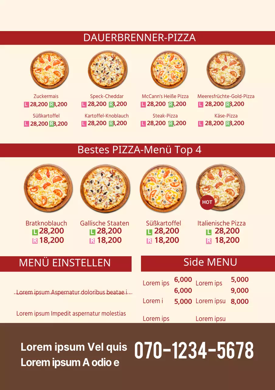 Pizza-Menü-Tabelle mit braunen und roten Menü-Bildern