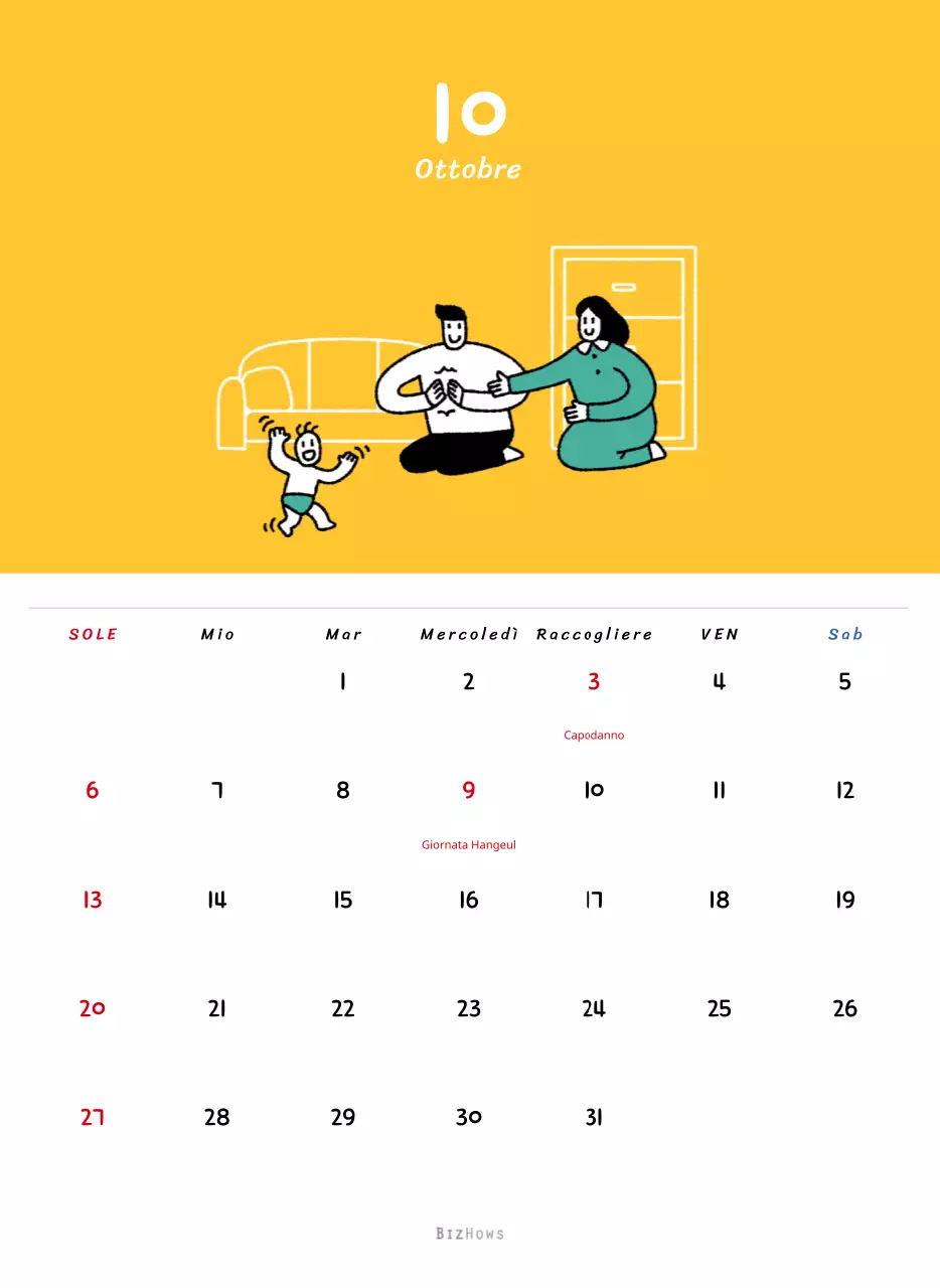 Calendario di Capodanno con simpatiche illustrazioni