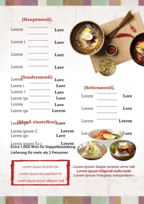 Yakitori-Restaurant Menütafel mit grauen und roten Fotos von Lebensmitteln