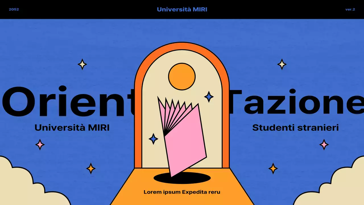 Concetto vintage in blu e arancione per l'orientamento degli studenti internazionali