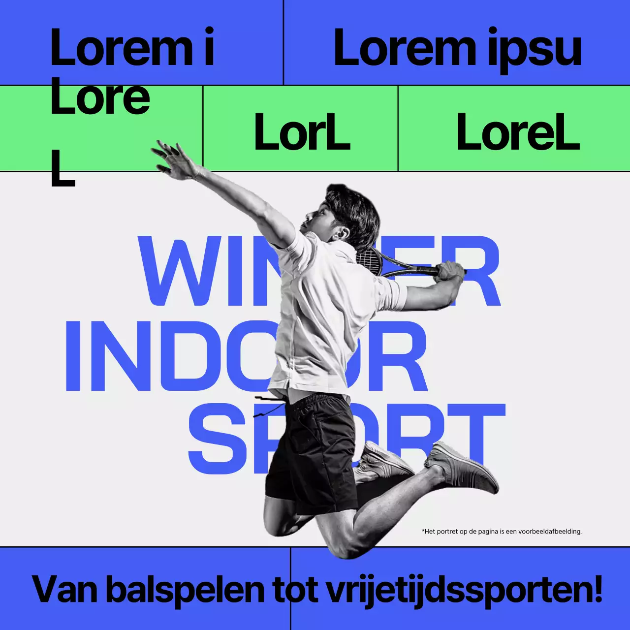 Winterse indoorsportinformatie in blauw en chartreuse