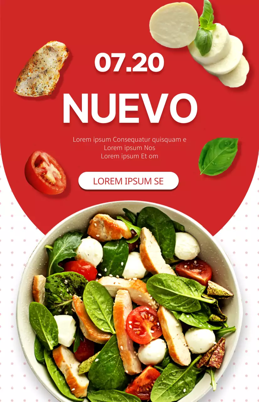 Promocione un nuevo menú de ensalada con un fondo de puntos rojos y blancos