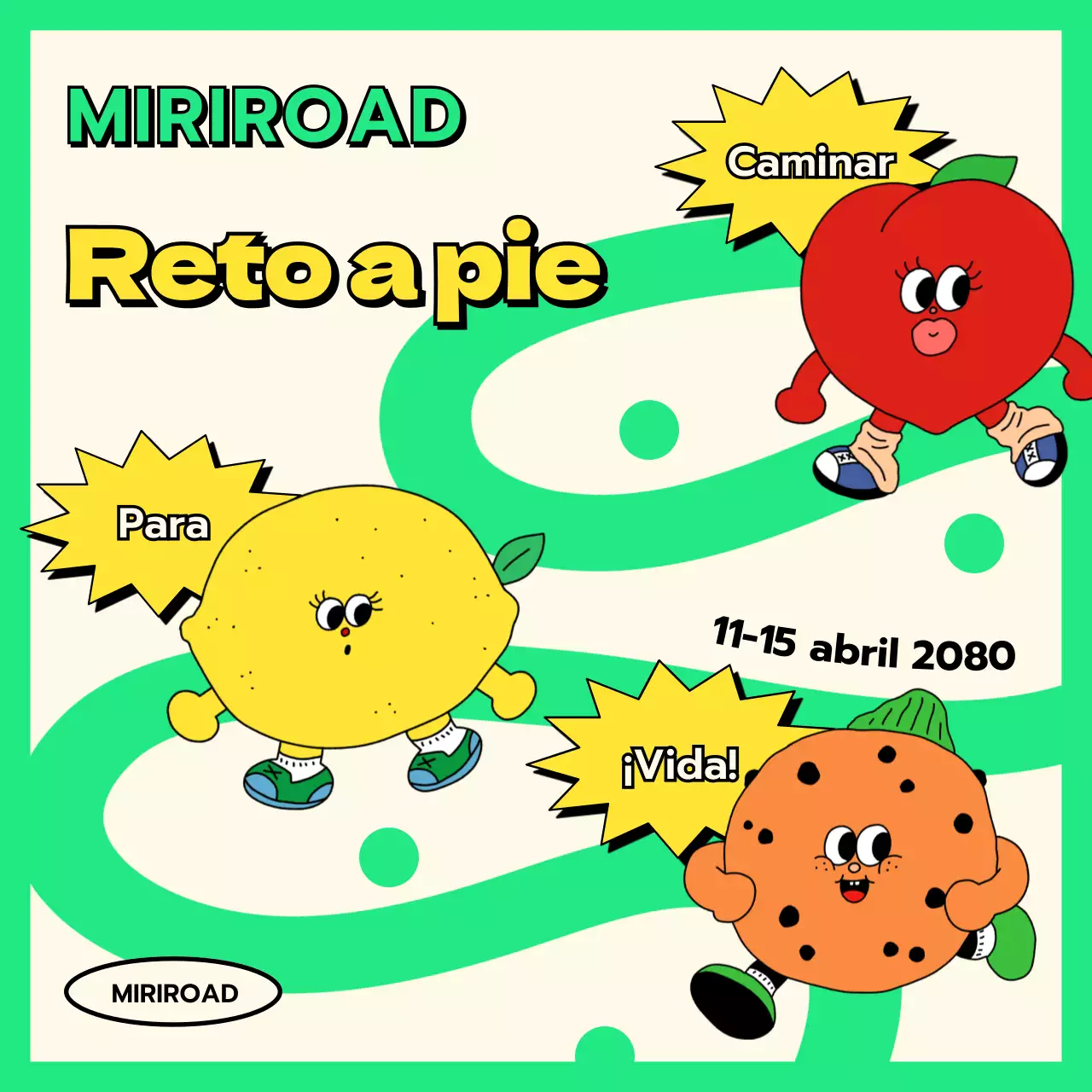 Kitschy ilustración de fruta personaje en chartreuse fluorescente Concurso de senderismo de primavera Desafío de senderismo