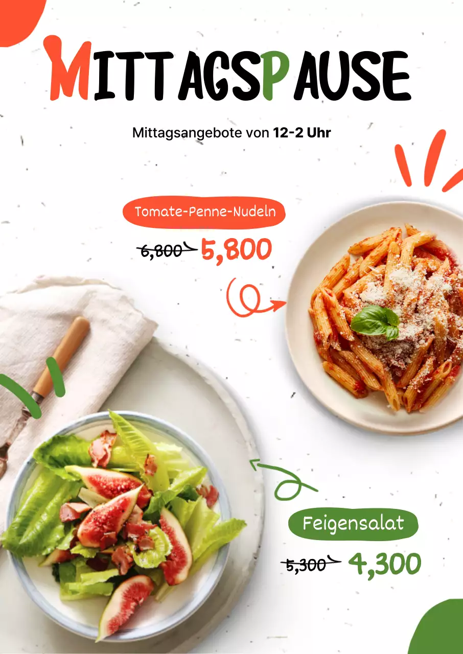Werben Sie mit Orange und Grün für Rabatte auf Pasta- und Salatmenüs