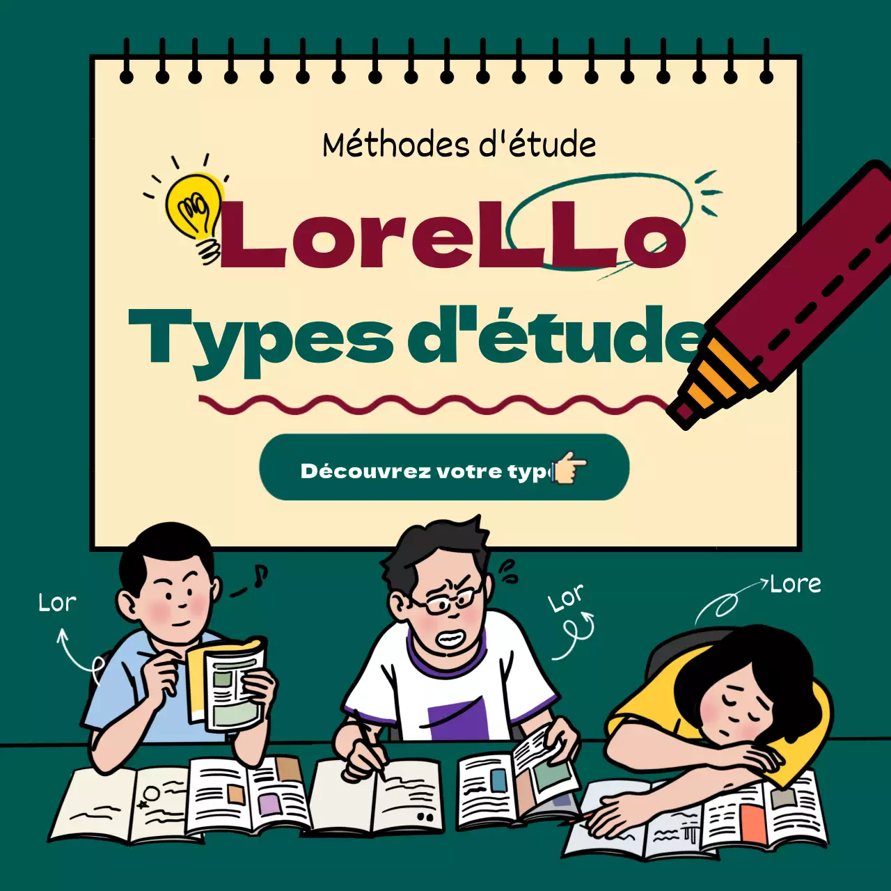 Type d'étude en période d'examen avec une bordure verte et noire illustration Instagram newsfeed.