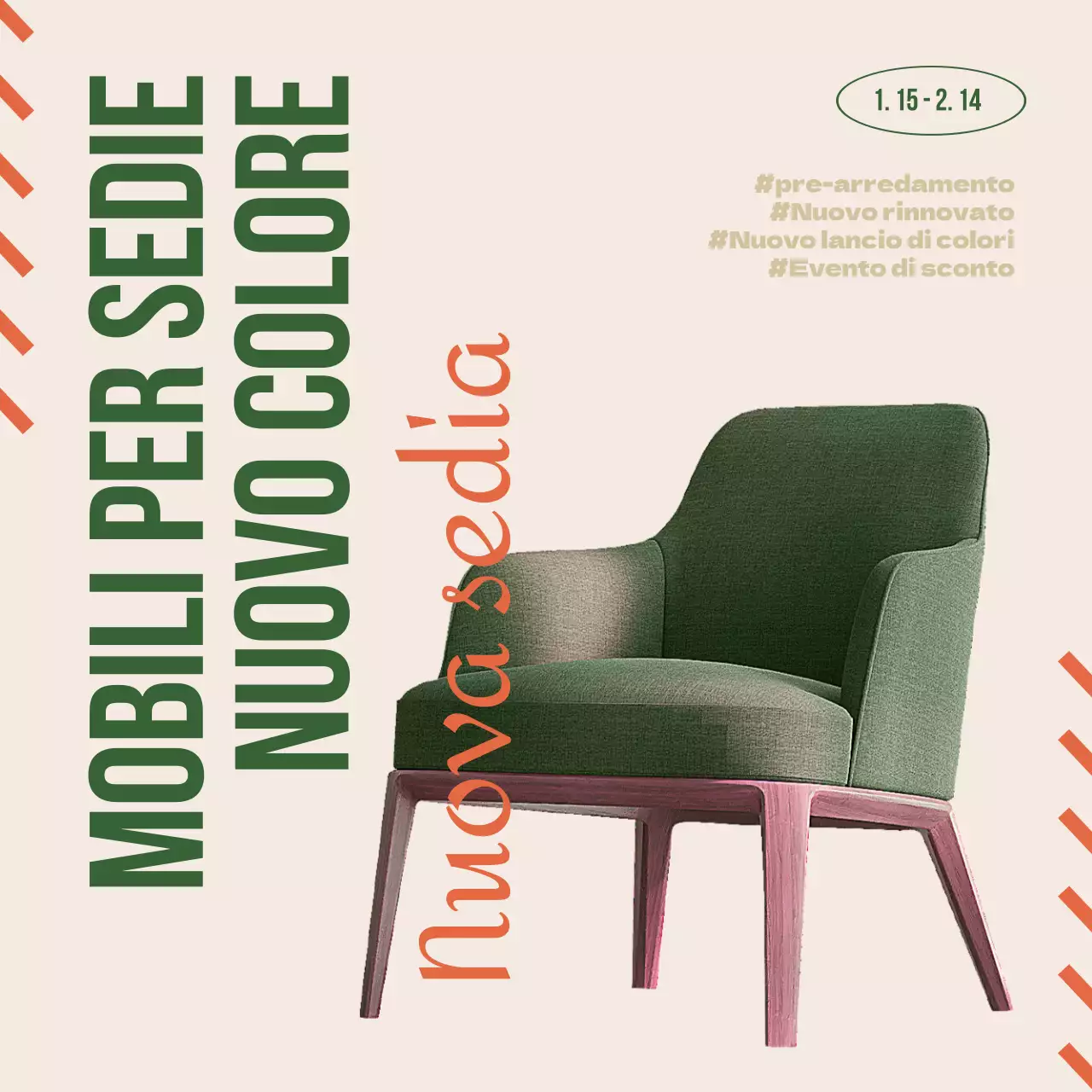 Vendita di mobili moderni per sposi in verde e arancione