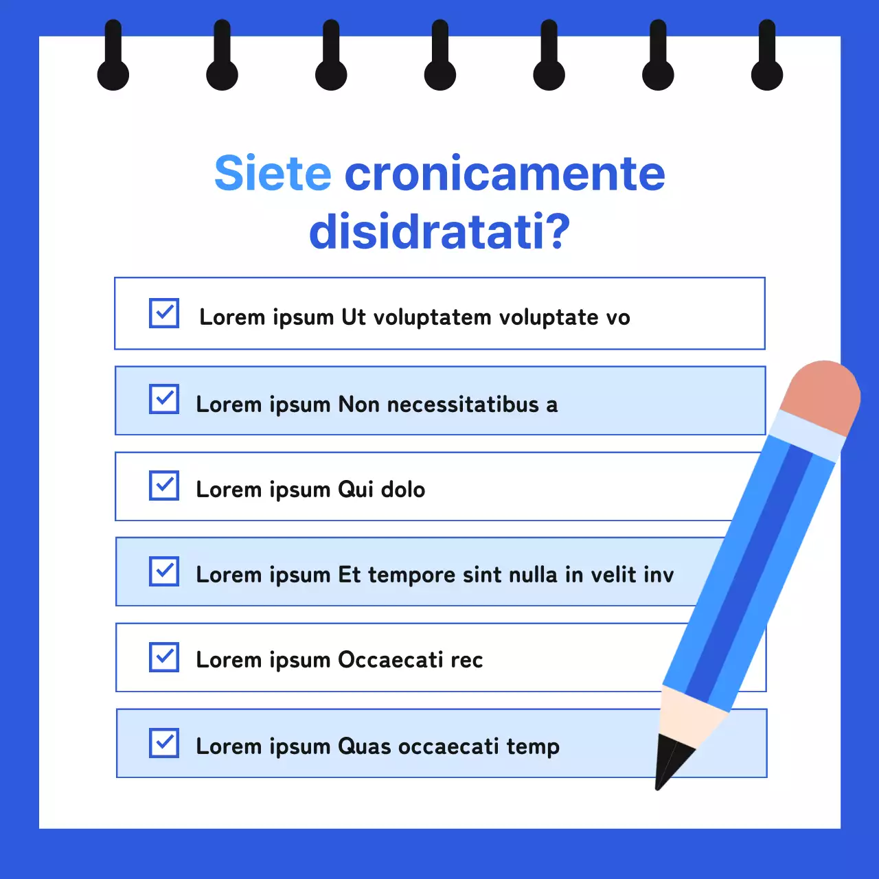 Informazioni sulla disidratazione cronica in un formato simile a un taccuino con illustrazioni simpatiche e semplici in blu e azzurro.