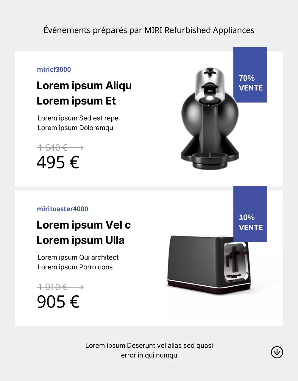 Vente de rénovation d'appareils électroménagers gris et bleus page de détail