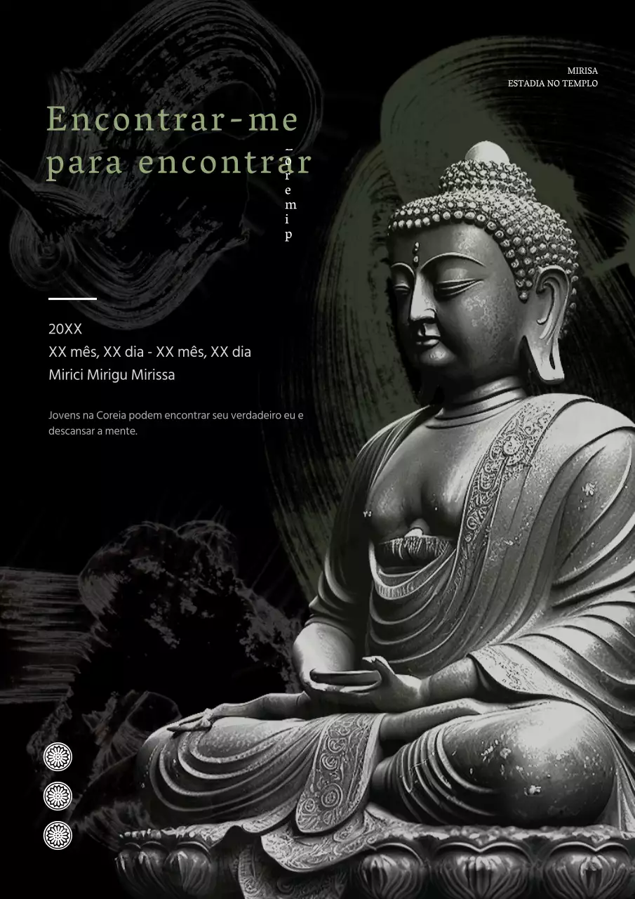 Arte promocional abstrata de estada em templo oriental com estátuas de Buda a preto e branco e verde