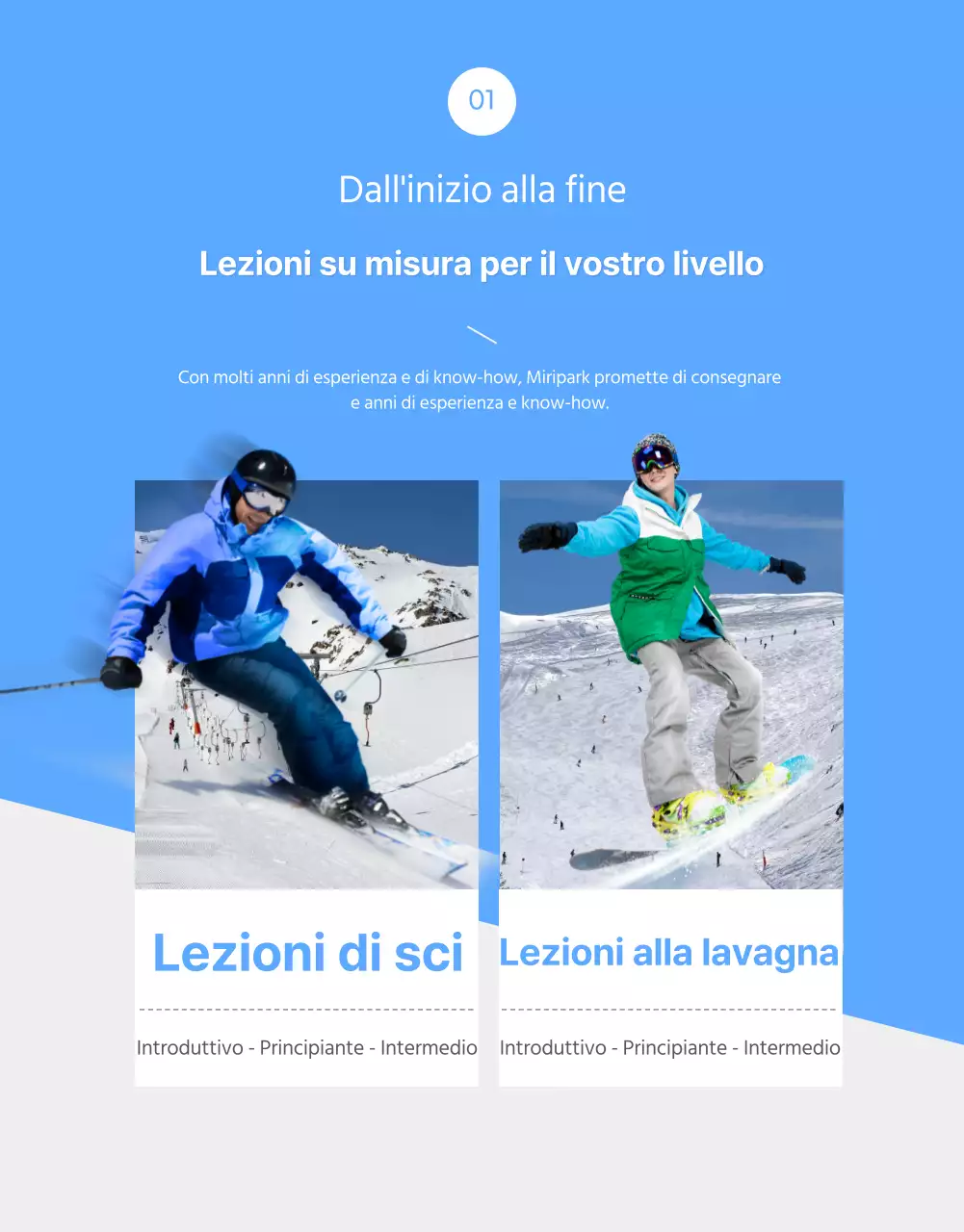 Una semplice pagina di dettaglio della lezione di sci in bianco e blu