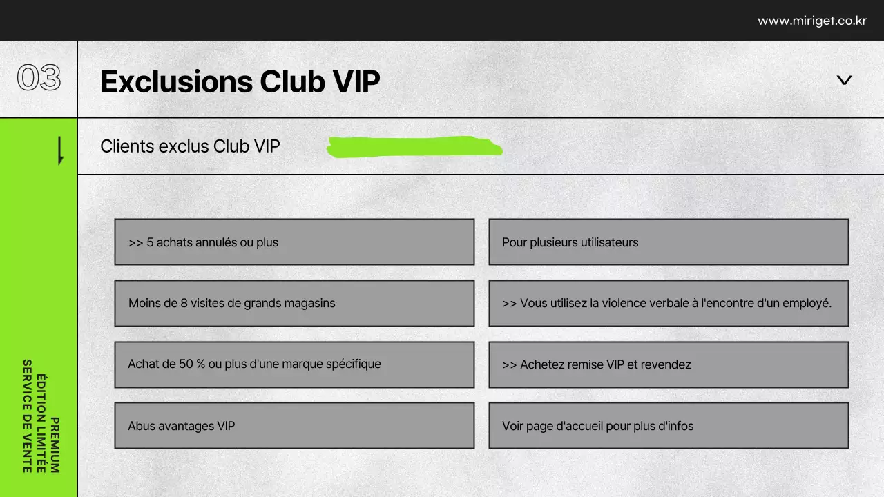 Présentation des avantages VIP d'un grand magasin en noir et blanc et vert lime