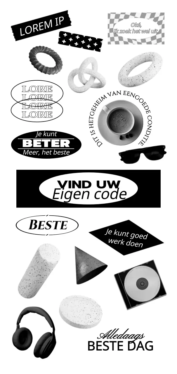 Diverse objecten en tekst in een zwart-wit hip concept