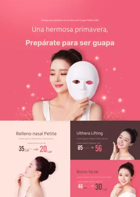 Elegante folleto promocional de descuentos en clínicas de modelado en rosa