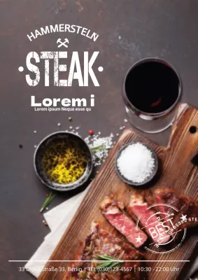 Werbung für ein düsteres Konzeptmenü mit Schwarz-Weiß-Fotos von köstlichen Steaks