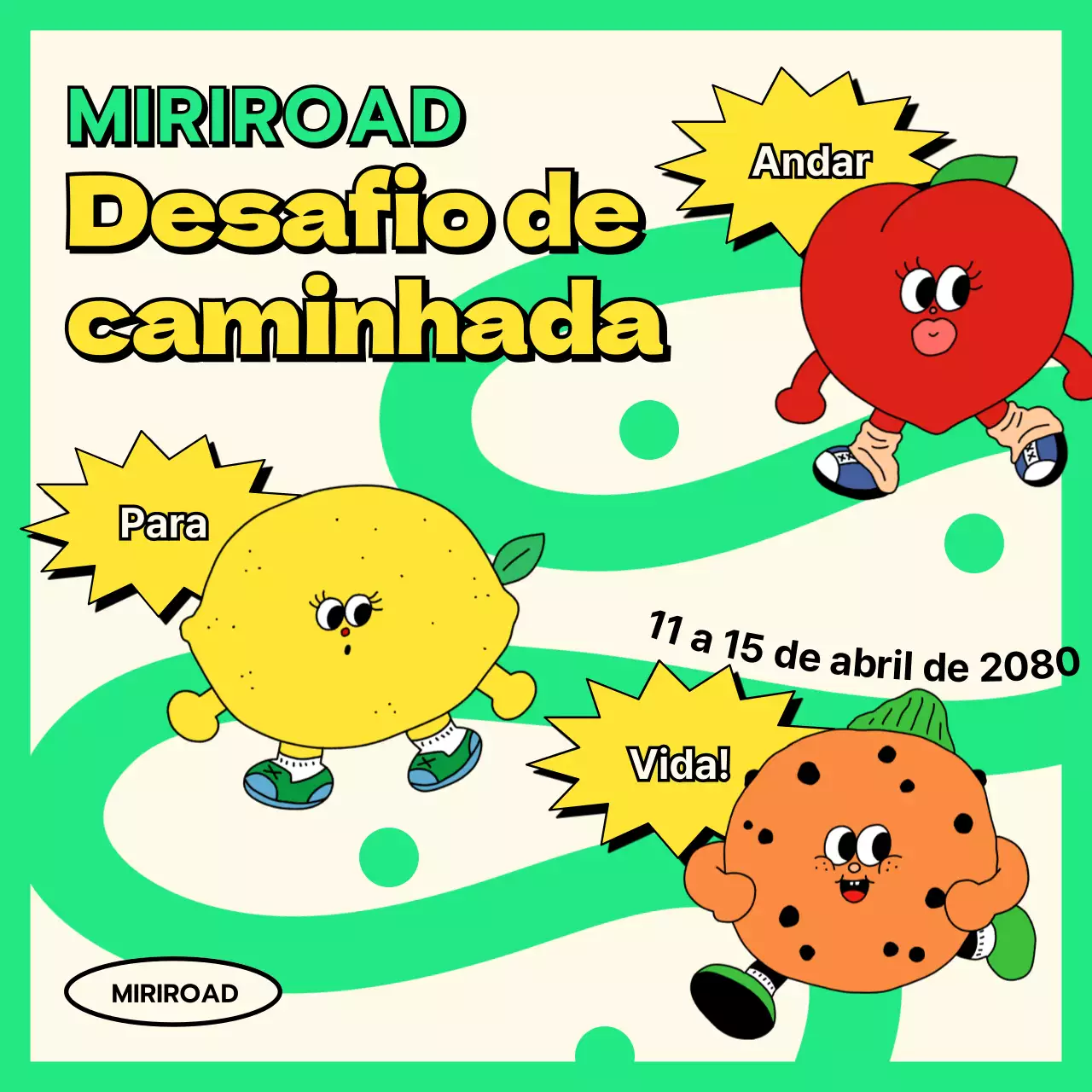 Ilustração de fruta kitsch personagem em chartreuse fluorescente Concurso de caminhada de primavera Walking Challenge