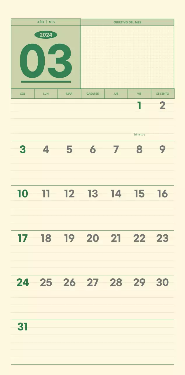 SAT Calendario de pared con concepto de bloc de notas del día D en verde y amarillo claro