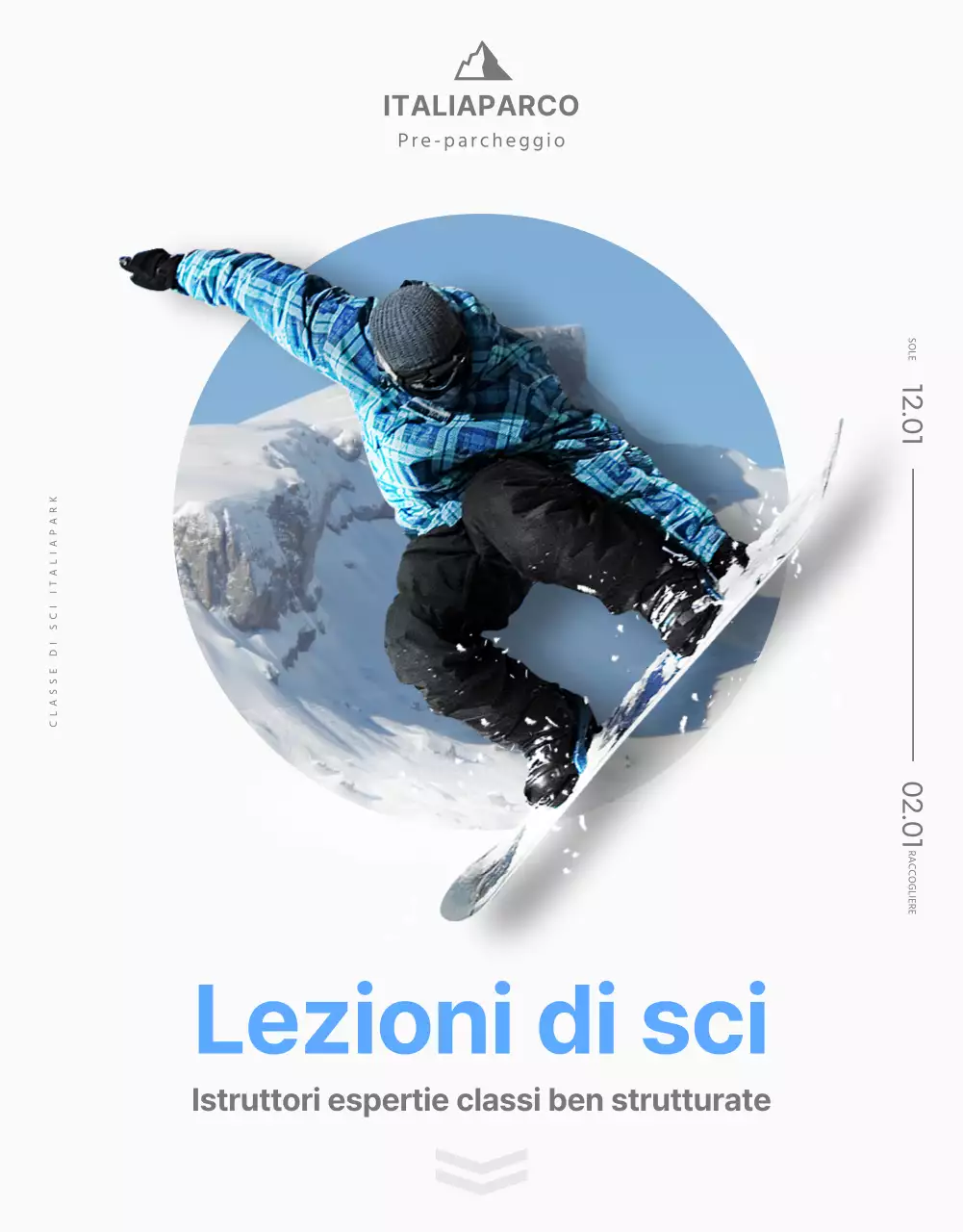 Una semplice pagina di dettaglio della lezione di sci in bianco e blu