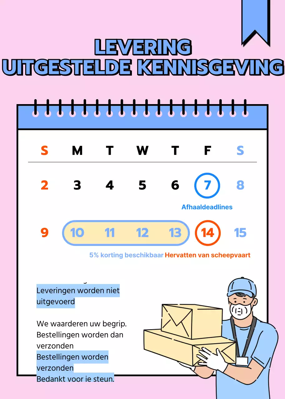 Een minimalistisch vertragingsbericht voor pakketbezorging in roze en lichtblauw
