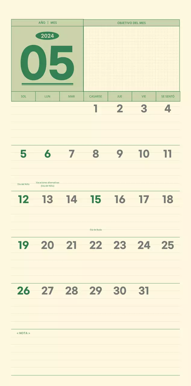 SAT Calendario de pared con concepto de bloc de notas del día D en verde y amarillo claro
