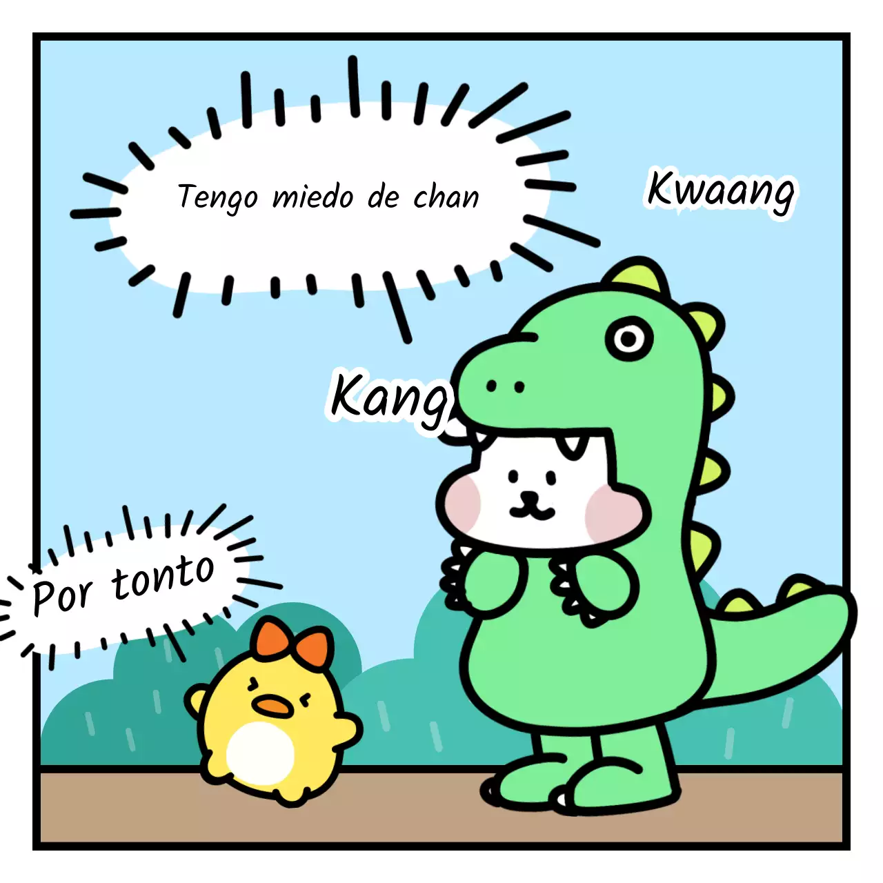 Un lindo cachorro vestido de dinosaurio con un toque emoji que vive en un bosque azul claro y verde.