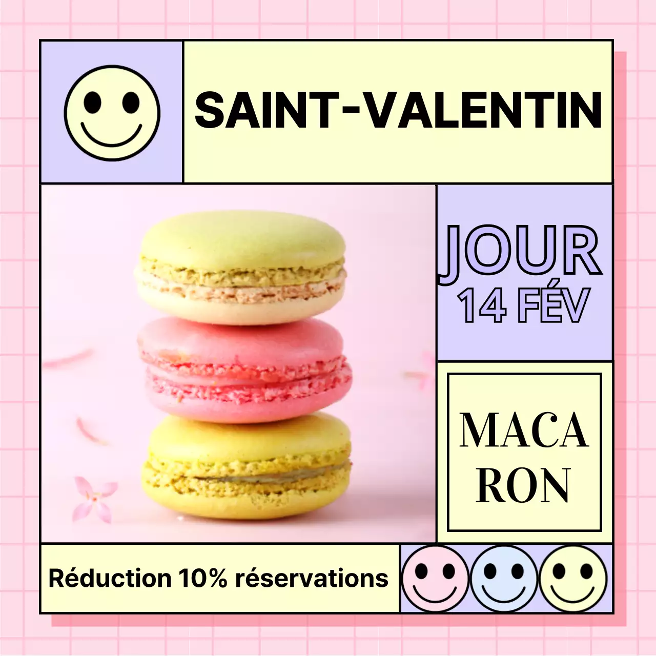 Macaron de la Saint-Valentin à prix réduit avec un sourire rose vif concept de table irrégulière