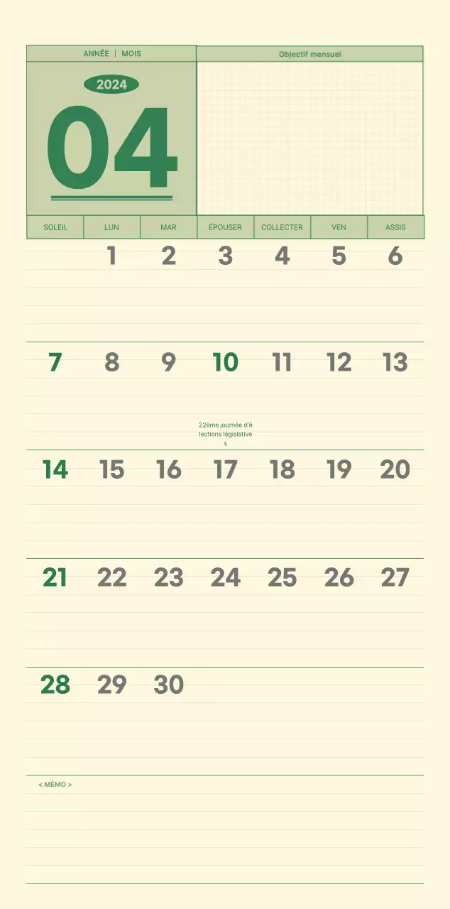 Calendrier mural SAT D-day notepad concept en vert et jaune clair