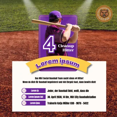 Eine lila und gelbe Baseball-Spiel-Karte Konzept mit einer Nummer vier Hitter.