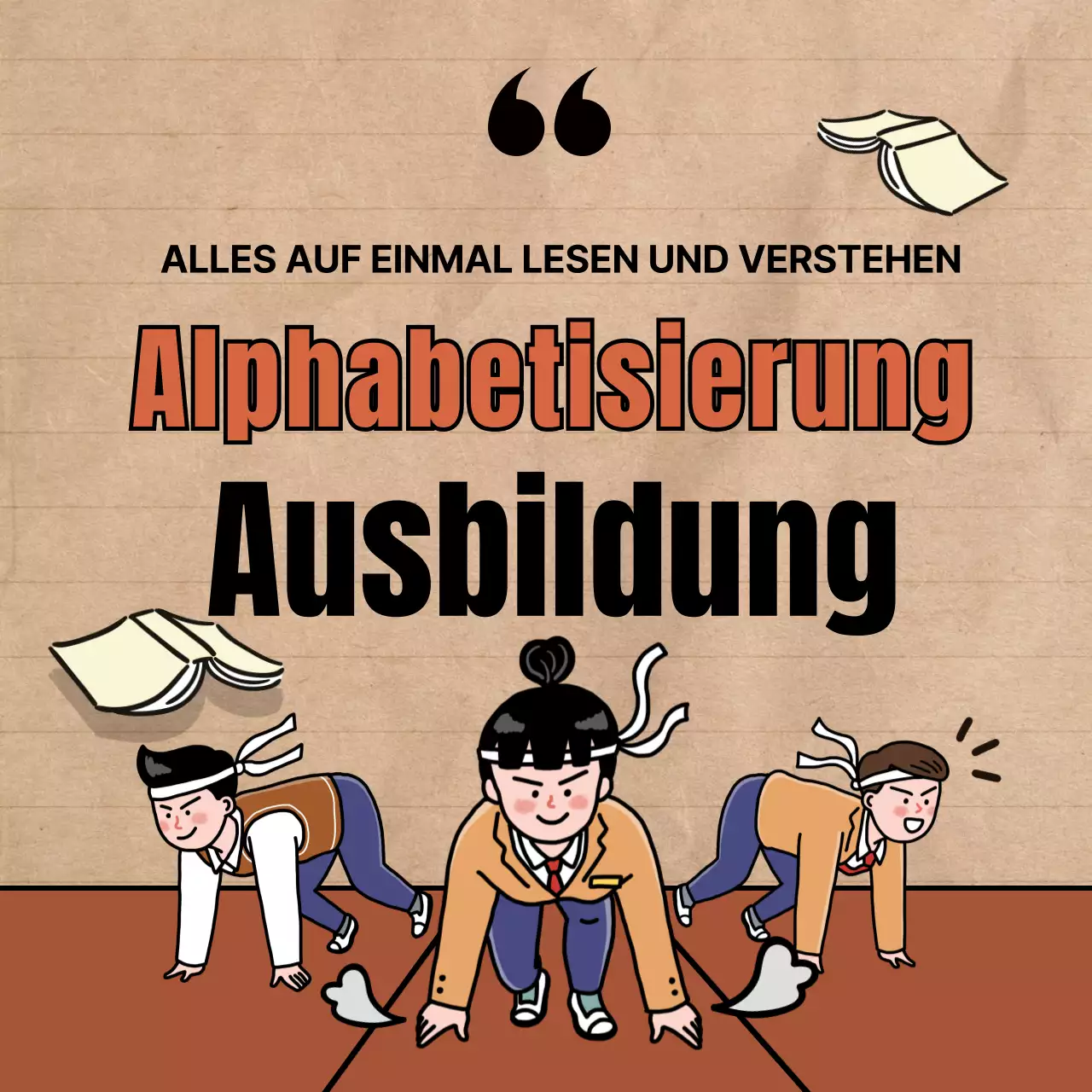 Alphabetisierungsakademie mit niedlichen Illustrationen in Rot und Schwarz