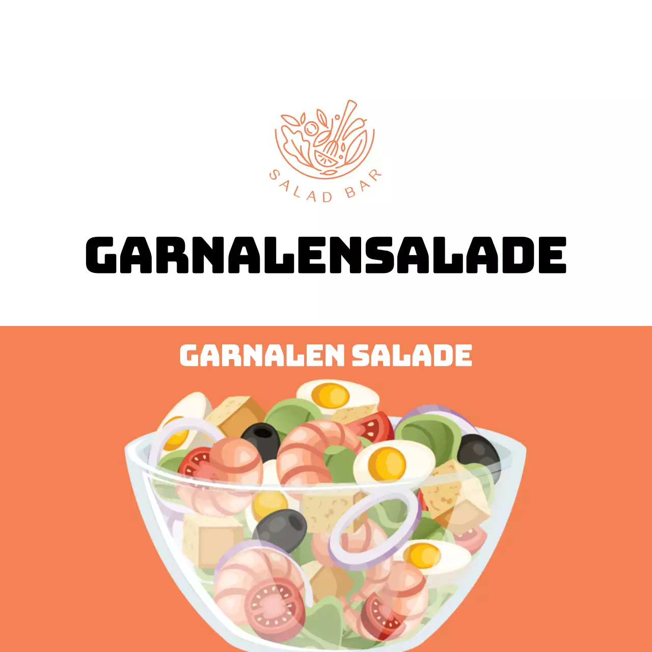 Oranje geïllustreerd garnalensalade label