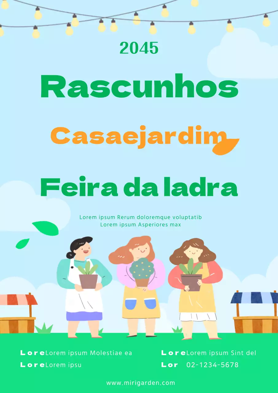Cartaz da feira da ladra verde-limão com uma ilustração gira para casa, jardim e animais de estimação