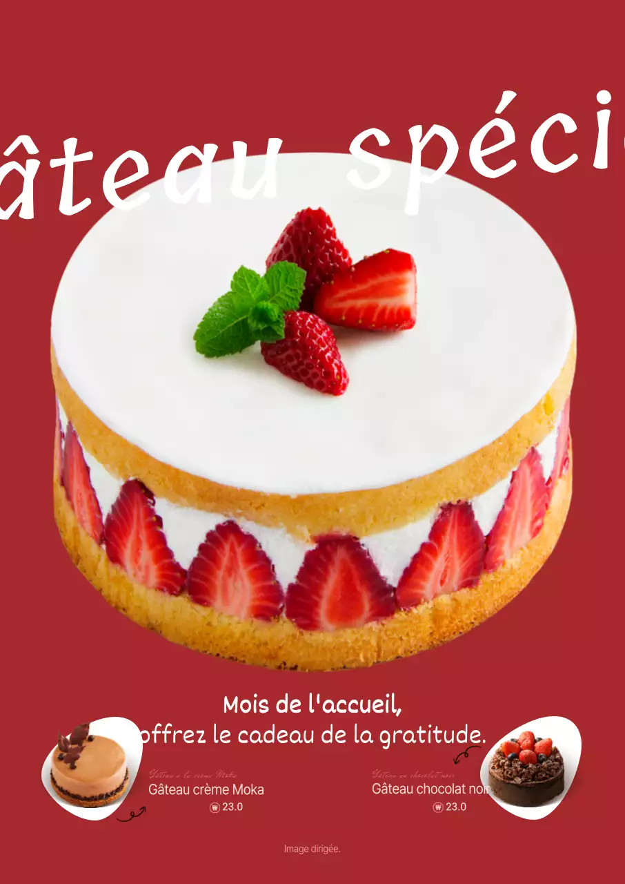Gâteau aux fraises sur fond rouge