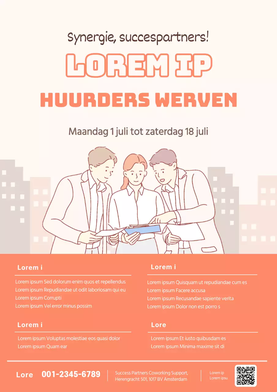 Koraalkleurige coworking ruimte werving webposter