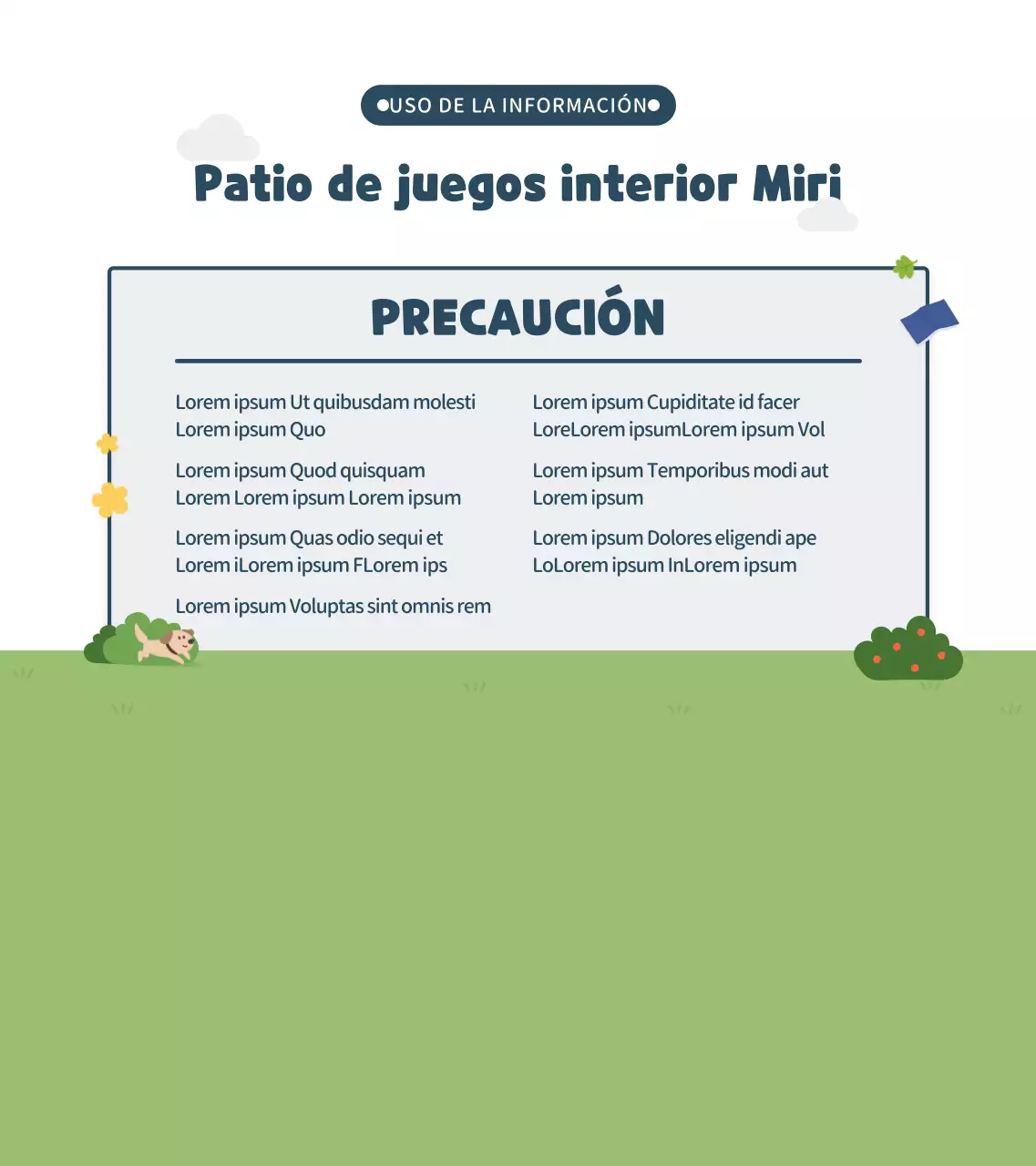 Lindo estilo de ilustración en azul marino y verde Información sobre parques infantiles de interior