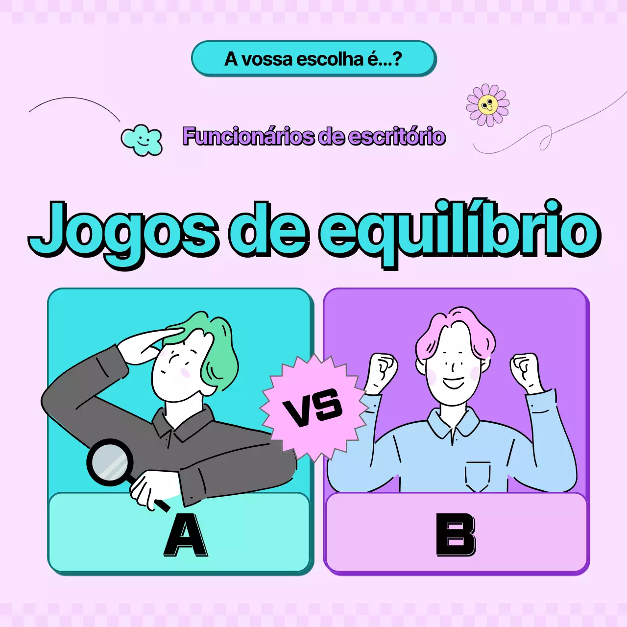 Jogo de equilíbrio para trabalhadores de escritório em cor de menta, roxo e cor-de-rosa CardNews