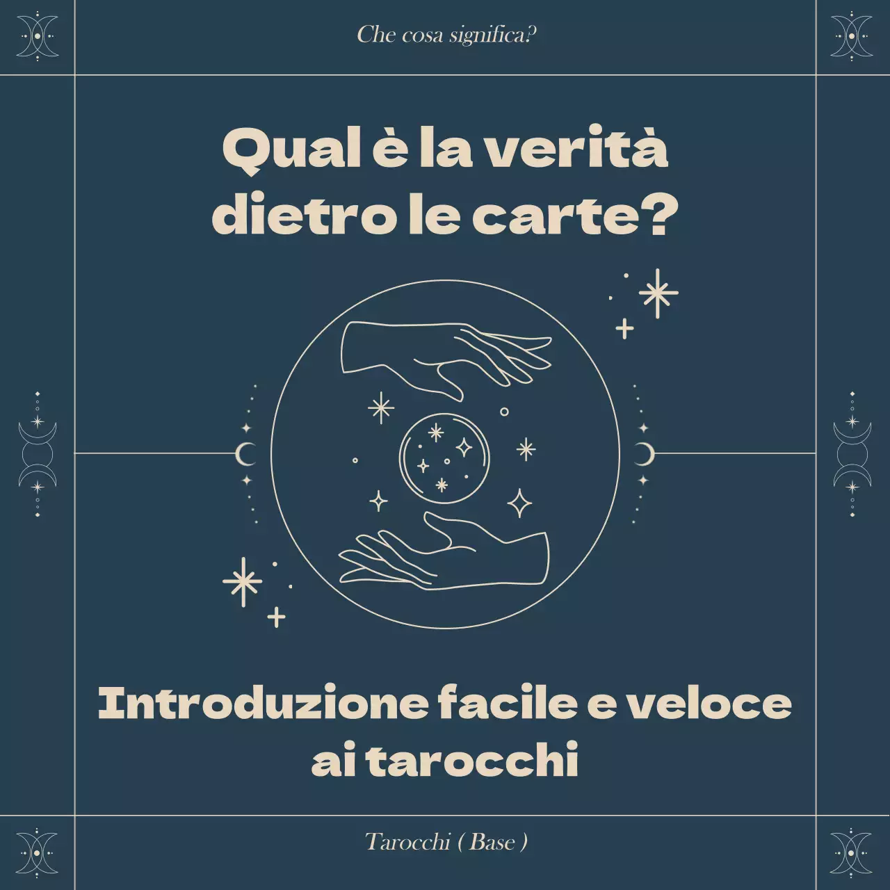 Un'introduzione facile e veloce ai tarocchi con un concetto astrologico a cornice quadrata in una combinazione di colori blu.