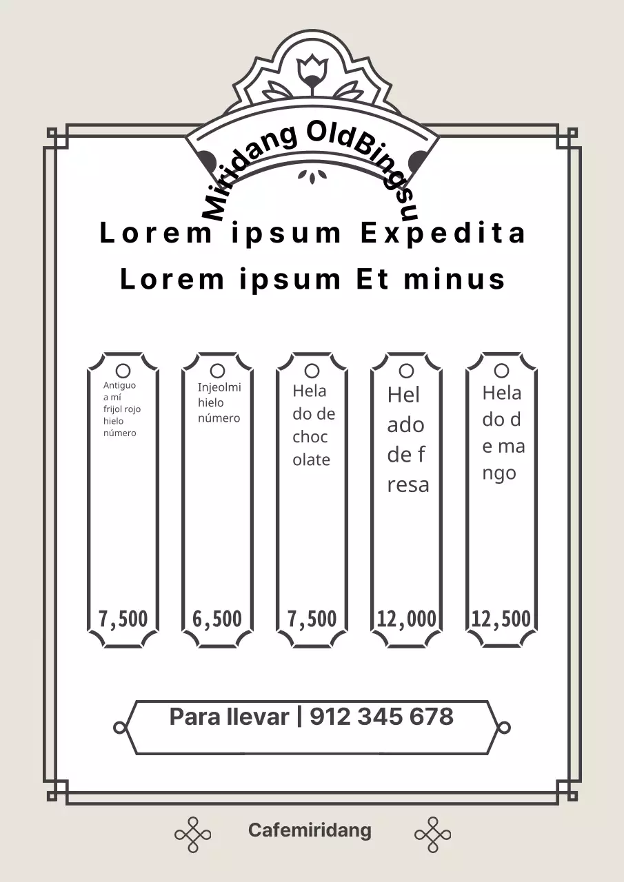 Menú de la cafetería con hielo raspado