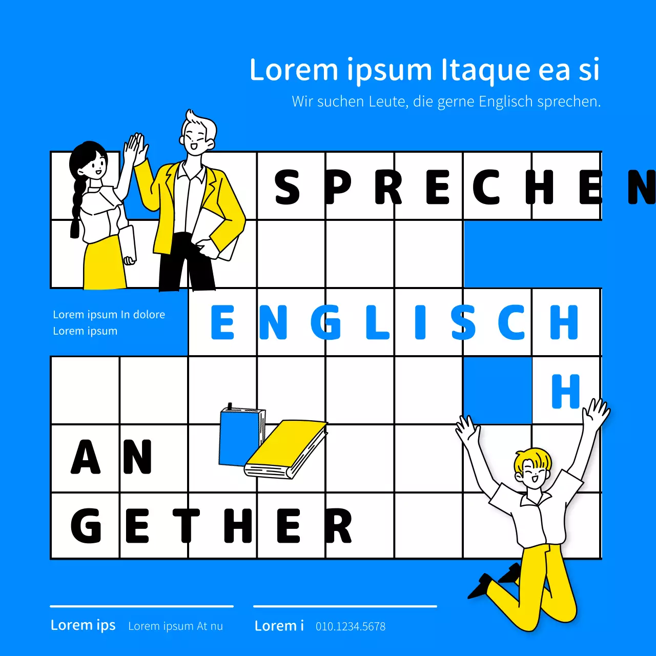 Englisch Konversation Club Rekrutierung Design mit Linie Illustration und blauen Farbschema