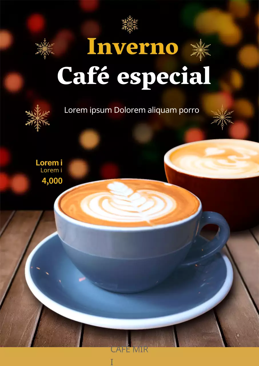 Fotografia a preto de um café especial de inverno com menu publicitário