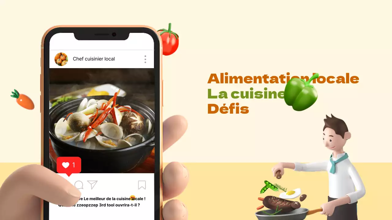 Thème de la cuisine locale avec des graphiques 3D et des images photoréalistes orange et kaki.