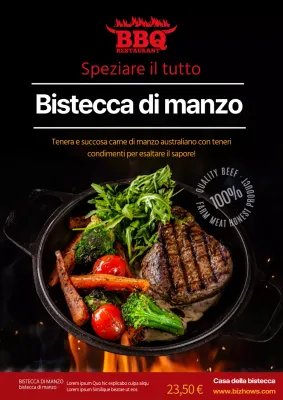 Bistecca nera infuocata BBQ per la promozione del menu del ristorante