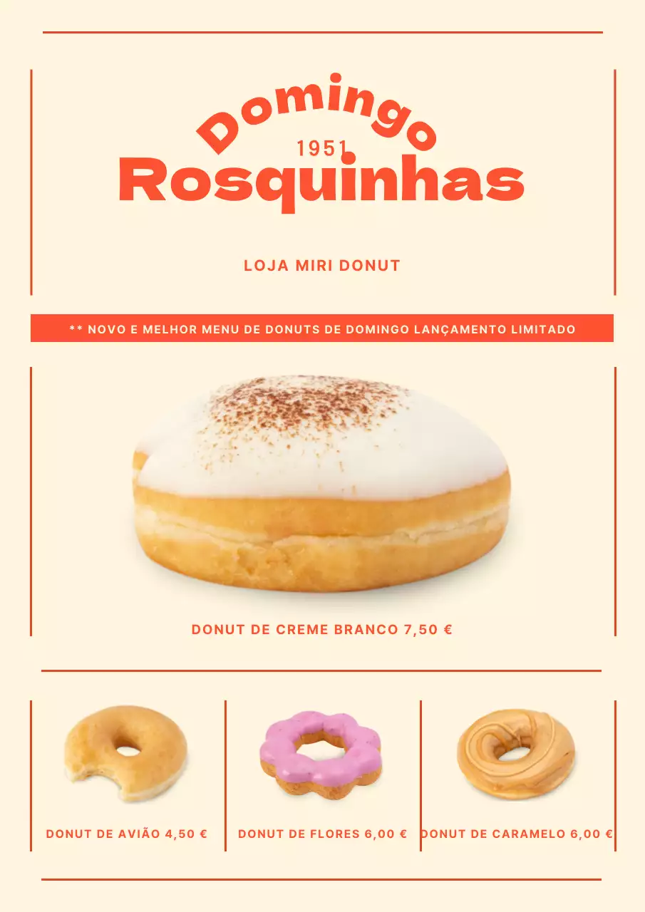 Menu de café de donuts em bege e vermelho